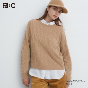 Beige Uniqlo 100pct Cashmere Cable Knit Crew Neck Cropped Jumper | ZWDQL-3527