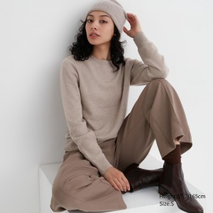 Beige Uniqlo 100pct Cashmere Crew Neck Jumper | CBFIV-4516