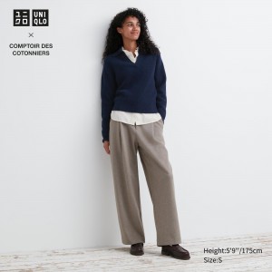 Beige Uniqlo Brushed Jersey Pleated Wide Leg Trousers Regular | RLCJT-1968