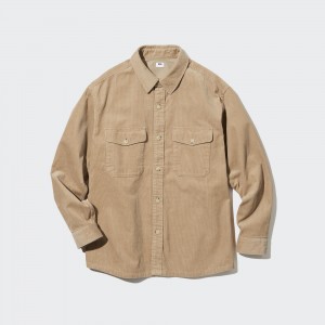 Beige Uniqlo Corduroy Oversized Work Shirt | RJYVQ-4596