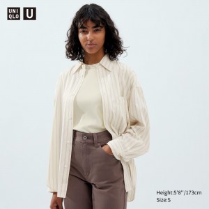 Beige Uniqlo Drape Striped Long Sleeved Shirt | PTHDL-3512