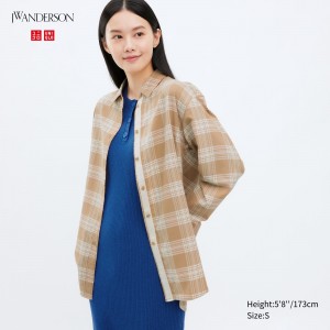 Beige Uniqlo Flannel Checked Longline Shirt | ILFHP-8902
