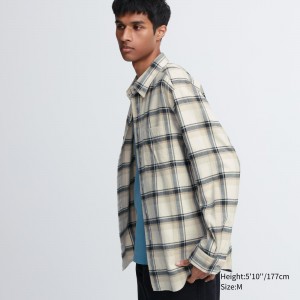 Beige Uniqlo Flannel Regular Fit Checked Shirt Regular Collar | PCMNK-6702