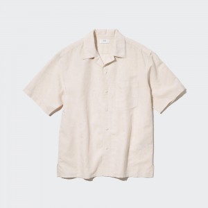 Beige Uniqlo Linen Blend Short Sleeved Shirt Open Collar | XPYLE-2549