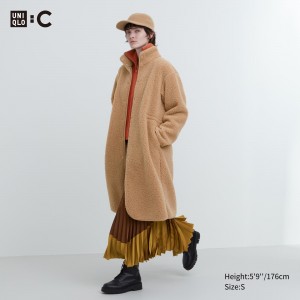 Beige Uniqlo Pile Lined Fleece Stand Collar Coat | WBXGS-4986