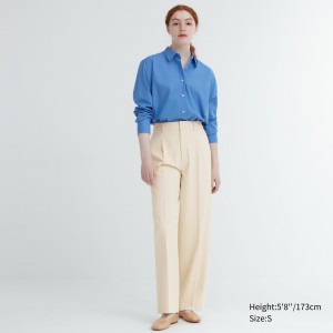 Beige Uniqlo Pleated Wide Leg Trousers Long | RWBNT-7348
