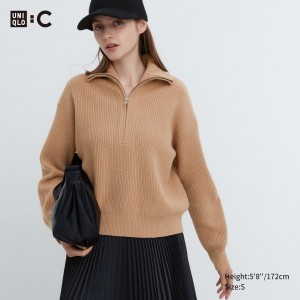 Beige Uniqlo Premium Lambswool Half Zipped Jumper | QLGNP-9304