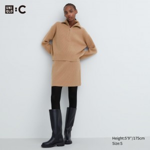 Beige Uniqlo Premium Lambswool Mini Skirt | CZAWR-0359