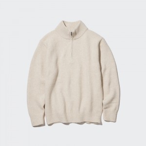 Beige Uniqlo Souffle Yarn Half Zipped Jumper | DTYHM-4529