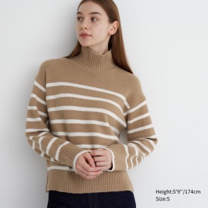 Beige Uniqlo Souffle Yarn Striped High Neck Jumper | RKMDE-0451