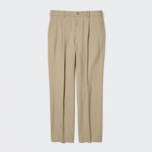Beige Uniqlo Two Way Stretch Pleated Tapered Fit Trousers | BCEWI-4968