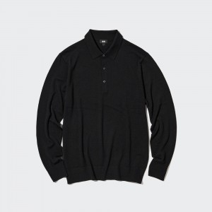 Black Uniqlo 100pct Extra Fine Merino Knit Long Sleeved Polo Shirt | BCZEJ-4368