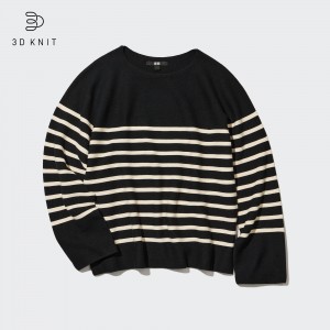 Black Uniqlo 3d Knit Seamless Cotton Striped Crew Neck Jumper | TVLSK-6032