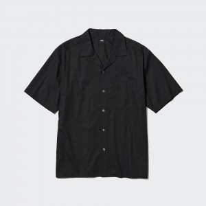 Black Uniqlo Cotton Blend Casual Short Sleeved Shirt Open Collar | THERN-4280