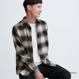 Black Uniqlo Flannel Checked Regular FiT-Shirt Regular Collar | MFHAG-0186