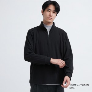 Black Uniqlo Fleece Stretch Half Zipped Long Sleeved T-Shirt | AKWNU-7549
