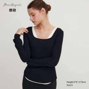 Black Uniqlo Heattech Extra Warm Waffle Square Neck Long Sleeved Thermal Top | ETGOD-1230