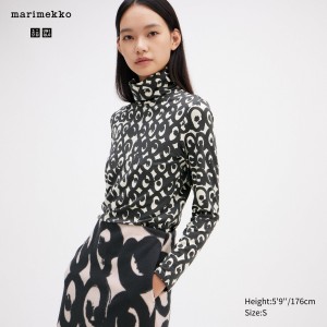 Black Uniqlo Heattech Swirl Print Turtleneck Long Sleeved Thermal Top | CPSGA-7510
