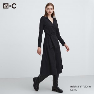 Black Uniqlo Long Sleeved Wrap Dress | EZVPG-2037
