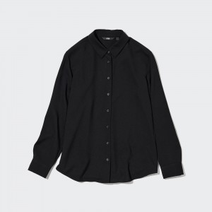 Black Uniqlo Rayon Long Sleeved Blouse | MPGLE-2658