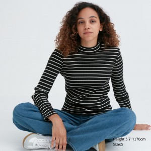 Black Uniqlo Ribbed Striped High Neck Long Sleeved T-Shirt | DWUBN-2387
