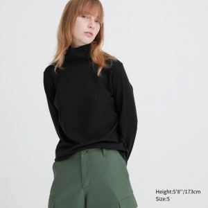 Black Uniqlo Smooth Cotton Stretch Turtleneck Long Sleeved Top | XHPCN-5691