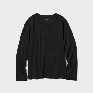 Black Uniqlo Smooth Stretch Cotton Crew Neck Long Sleeved Top | ZSBOF-1906