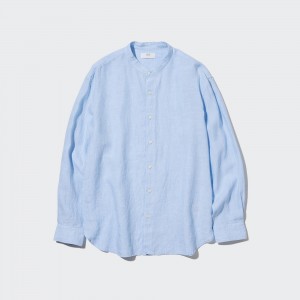 Blue Uniqlo 100pct Premium Linen Regular FiT-Shirt Grandad Collar | RWAPF-4906