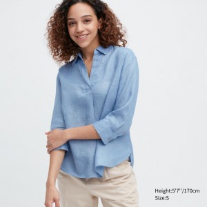Blue Uniqlo 100pct Premium Linen Skipper Collar 34 Sleeved Shirt | NEQJS-3480