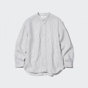 Blue Uniqlo 100pct Premium Linen Striped Regular FiT-Shirt Grandad Collar | UMVWT-2689
