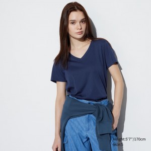 Blue Uniqlo 100pct Supima Cotton V Neck Short Sleeved T-Shirt | OCTFK-2176