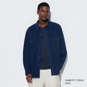 Blue Uniqlo Denim Jersey Overshirt | YKFBM-3749