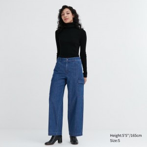 Blue Uniqlo Denim Wide Leg Cargo Trousers | UZOYD-7429