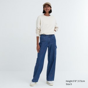 Blue Uniqlo Denim Wide Straight Leg Cargo Trousers Long | TDJGN-6084