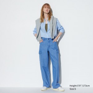 Blue Uniqlo Denim Wide Straight Leg Cargo Trousers Long | SWZUV-1735