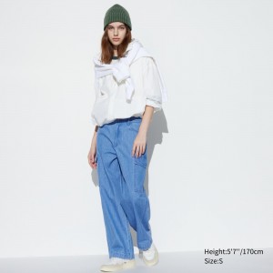 Blue Uniqlo Denim Wide Straight Leg Cargo Trousers | YXPFO-3761