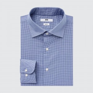 Blue Uniqlo Easy Care Broadcloth Stretch Slim FiT-Shirt Semi Cutaway Collar | KVQJW-2691