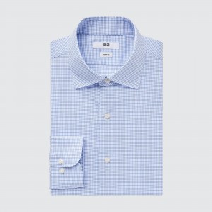 Blue Uniqlo Easy Care Stretch Slim Fit Checked Shirt Semi Cutaway Collar | PWNGF-0571