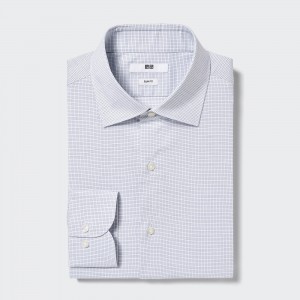 Blue Uniqlo Easy Care Stretch Slim Fit Checked Shirt Semi Cutaway Collar | YKMSR-9710