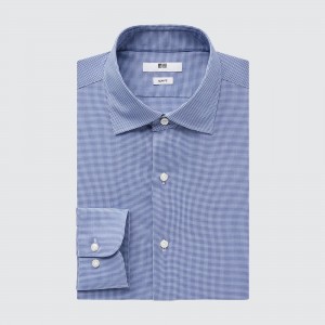 Blue Uniqlo Easy Care Stretch Slim Fit Checked Shirt Semi Cutaway Collar | GJMRZ-5327