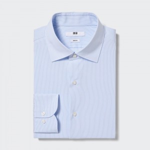 Blue Uniqlo Easy Care Stretch Slim Fit Striped Shirt Semi Cutaway Collar | JPKTG-2617