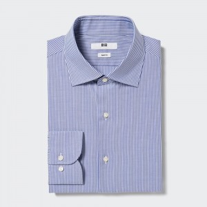 Blue Uniqlo Easy Care Stretch Slim Fit Striped Shirt Semi Cutaway Collar | XFOEA-1890