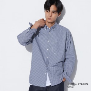 Blue Uniqlo Extra Fine Cotton Broadcloth Regular Fit Checked Shirt Button Down Collar | JTRPN-3987