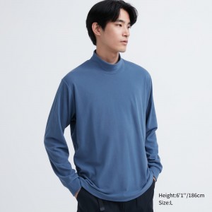 Blue Uniqlo Fleece Stretch Mock Neck Long Sleeved T-Shirt | EFCBM-8049