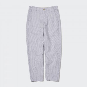 Blue Uniqlo Linen Cotton Blend Striped Tapered Trousers | GXZMK-7165
