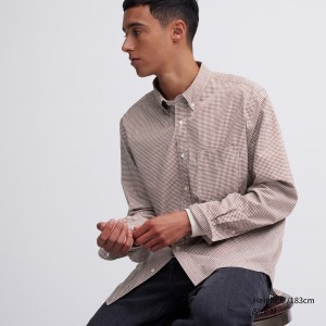 Brown Uniqlo Extra Fine Cotton Broadcloth Regular Fit Checked Shirt Button Down Collar | CLMZA-2931