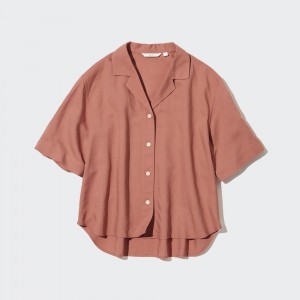 Brown Uniqlo Linen Blend Open Collar Short Sleeved Shirt | NMIOF-0278