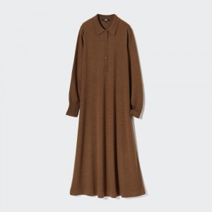 Brown Uniqlo Merino Blend Polo Neck Long Sleeved Dress | SRABJ-9025