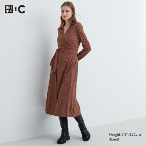 Brown Uniqlo Printed Long Sleeved Wrap Dress | NVOBG-8504
