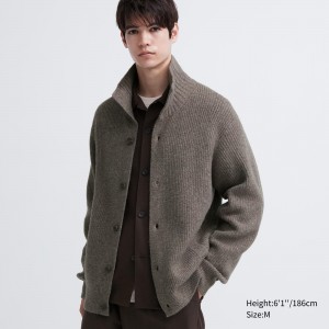 Brown Uniqlo Souffle Yarn Low Gauge Grandad Collar Cardigan | TPXOD-2861